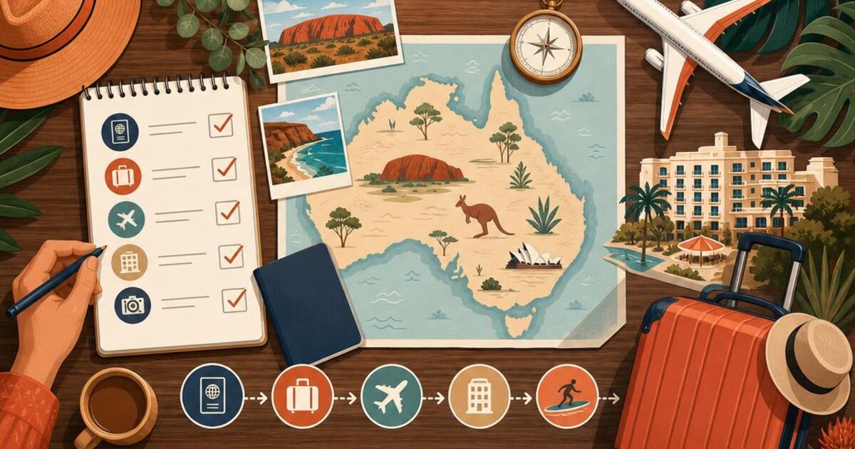 Illustrated trip planning desk with a checklist, map, luggage and transport bookings