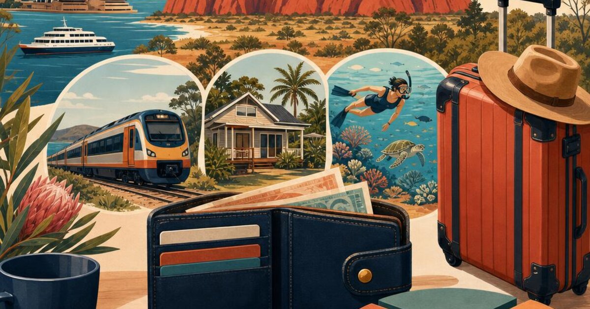 Organised travel budget with a wallet, coins, luggage and holiday expense categories