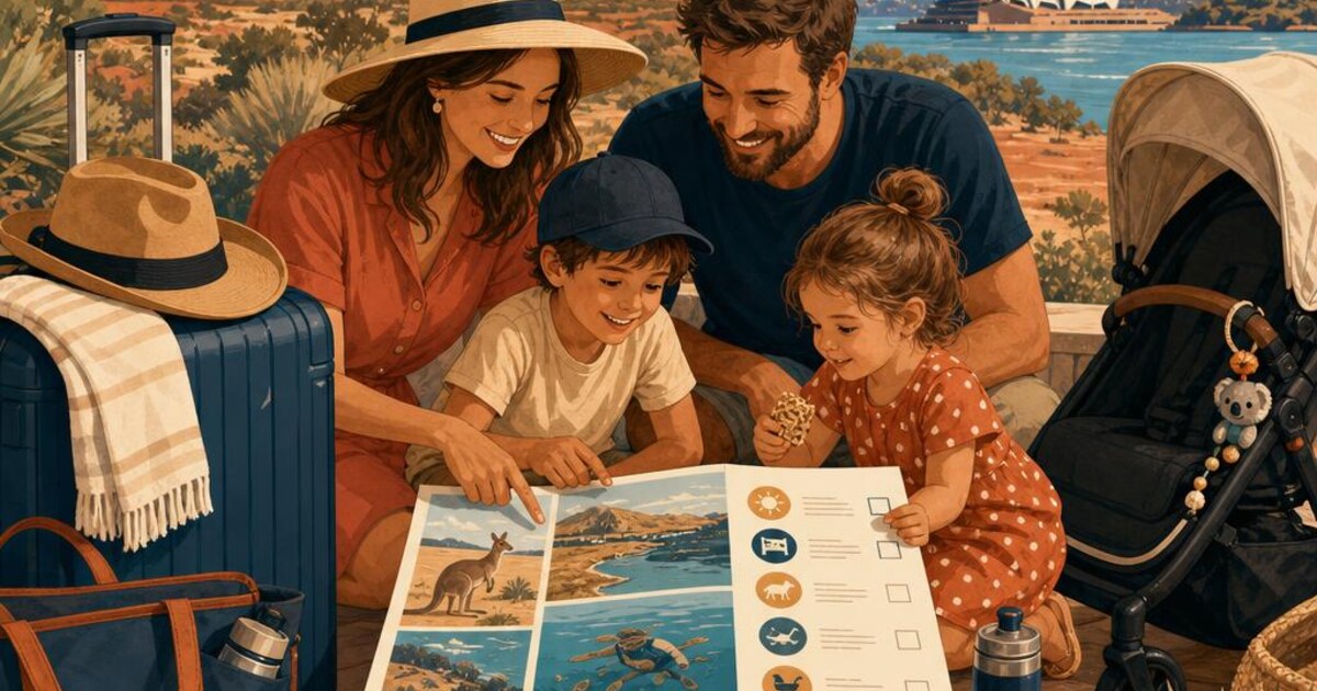 Family organising luggage, accommodation and activities into one practical holiday itinerary
