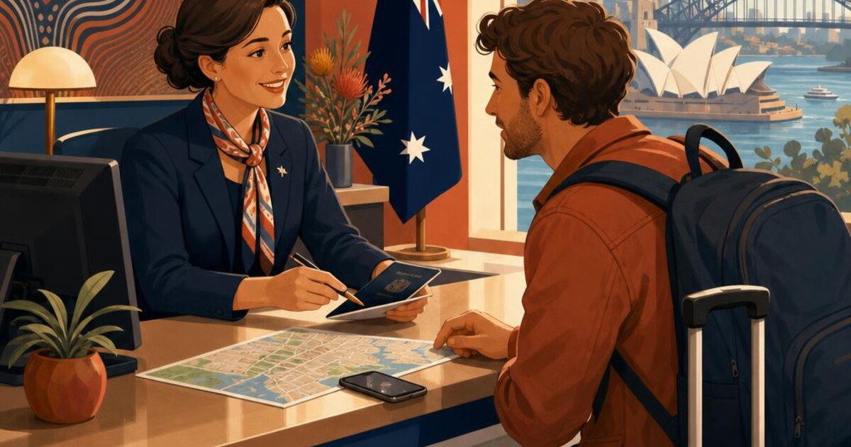 Traveller receiving calm assistance at a consular desk after losing travel documents overseas