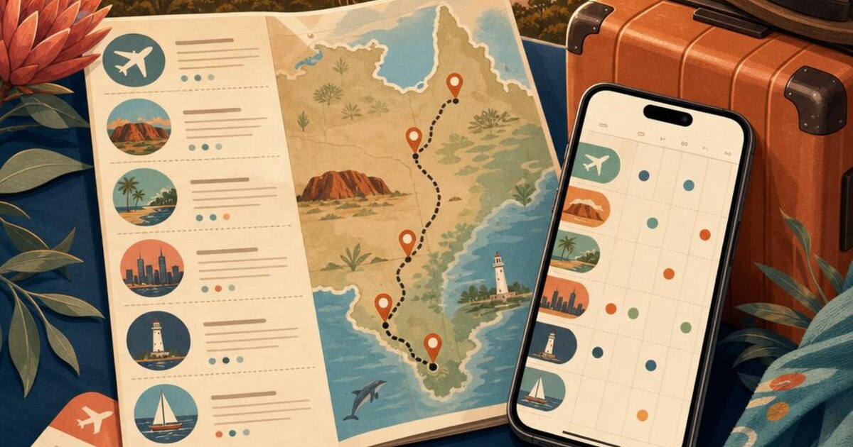 Illustrated travel itinerary with a calendar, map route, luggage and organised booking details