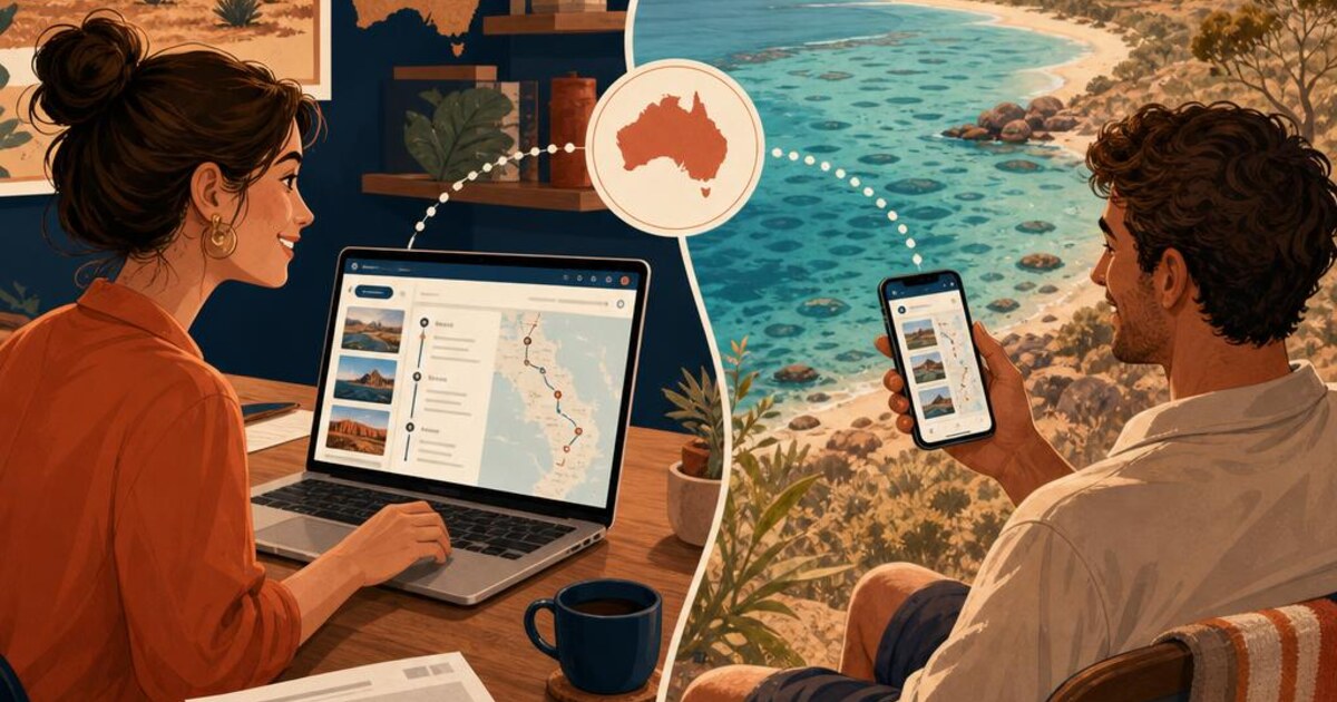 Travel agent and client viewing the same live itinerary on a laptop and phone