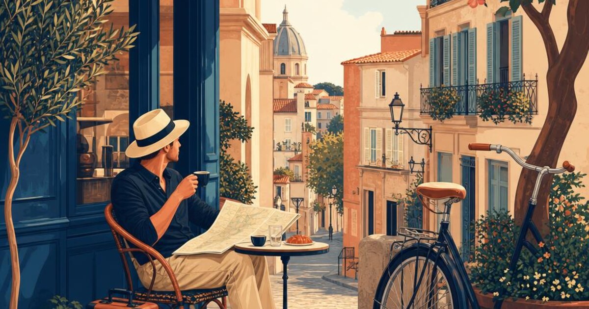 Traveller relaxing at a neighbourhood café with a bicycle, suitcase and loosely planned route