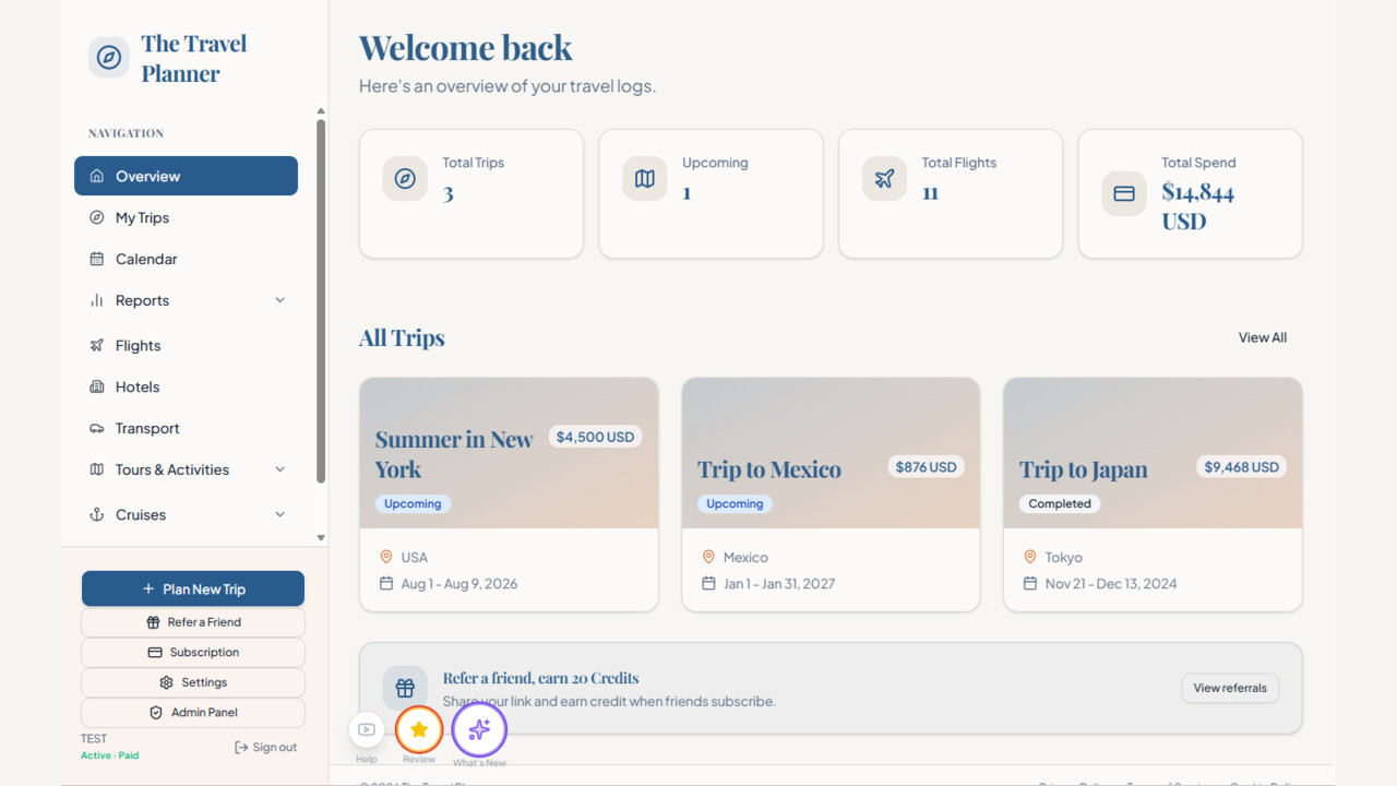 Your travel command centre. See every trip, upcoming journey, flight and travel cost from one clear dashboard.